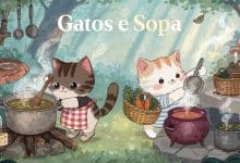 Gatinhos simpáticos preparando sopa em estações culinárias numa floresta acolhedora, em estilo ilustrado suave para representar o jogo mobile Gatos e Sopa