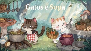Gatinhos simpáticos preparando sopa em estações culinárias numa floresta acolhedora, em estilo ilustrado suave para representar o jogo mobile Gatos e Sopa